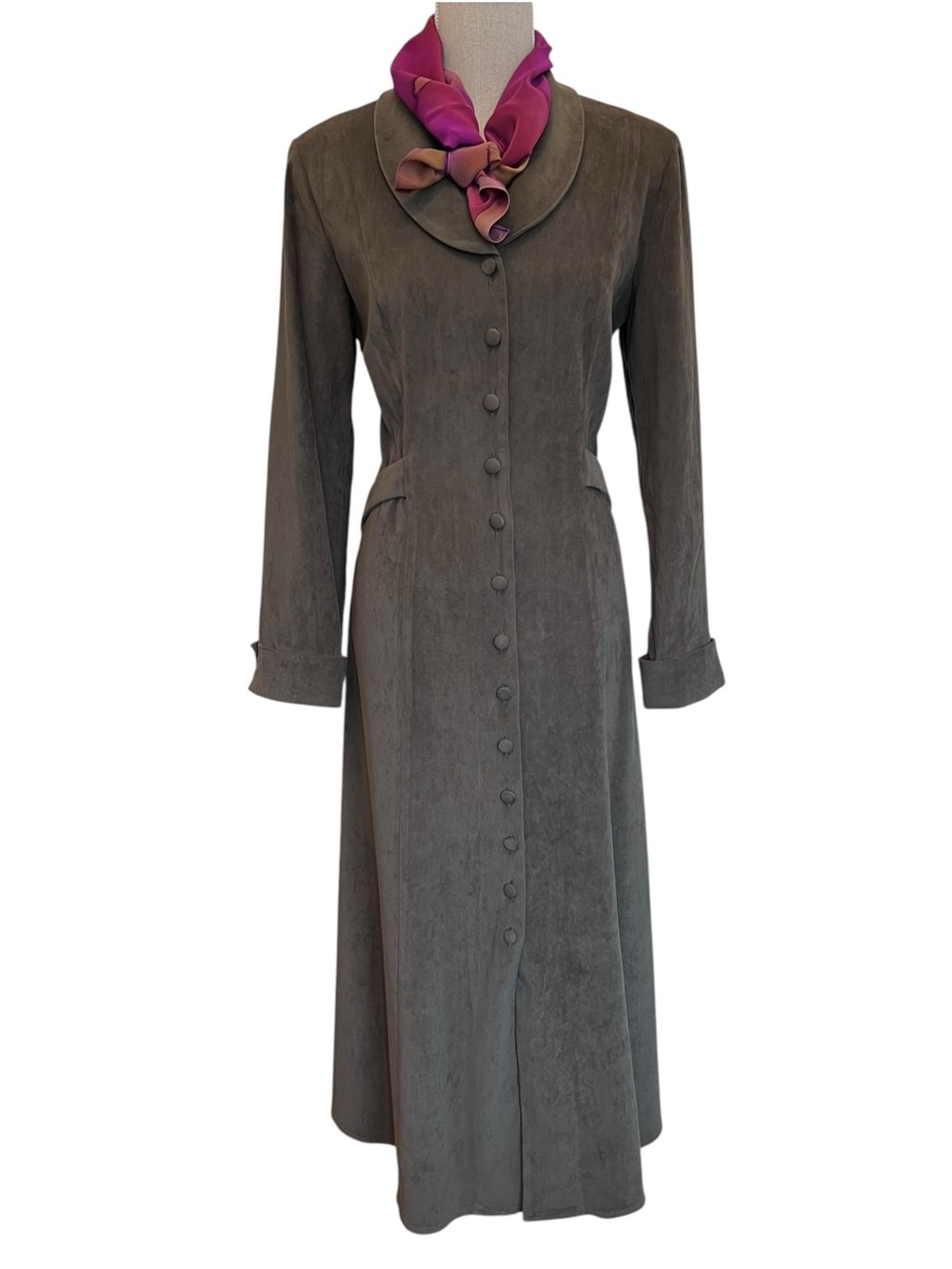 Vintage Leslie Fay Green Faux Suede Shawl Collar Modest Midaxi Dress Duster 12